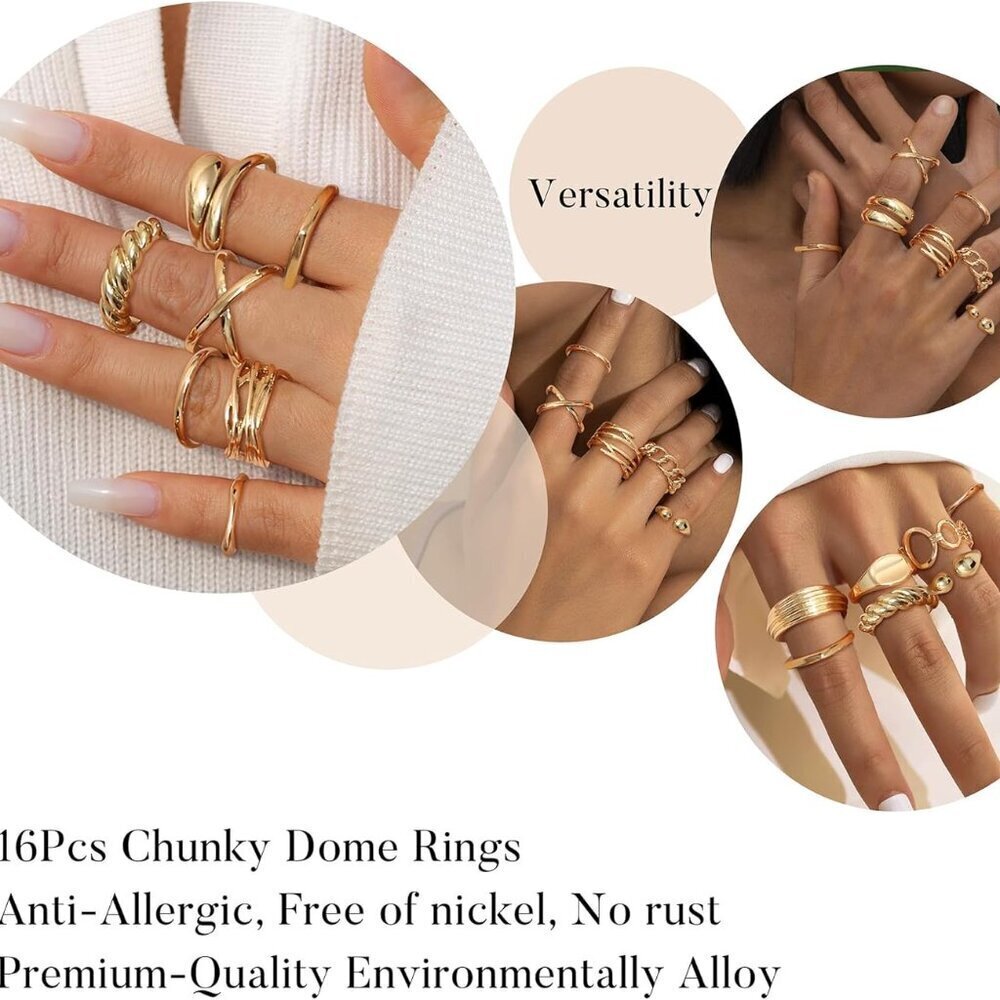 Gold Ring Set 16 Pcs Adjustable Chunky Dome Stackable Jewelry for Women - Picture 3 of 9